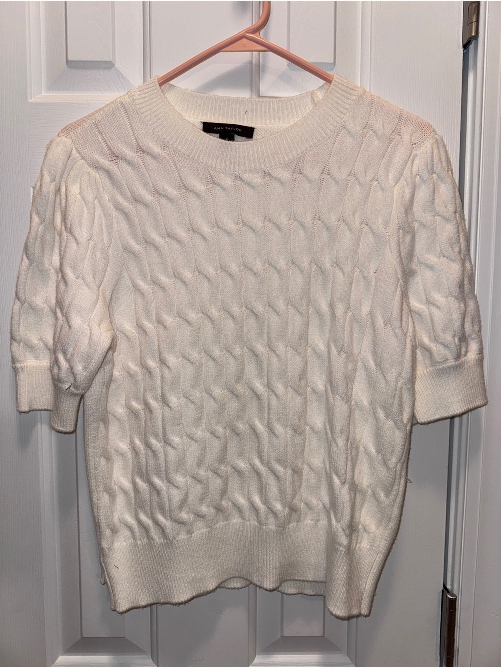 Ann Taylor Ivory Cable Knit Short Sleeve Crewneck Sweater